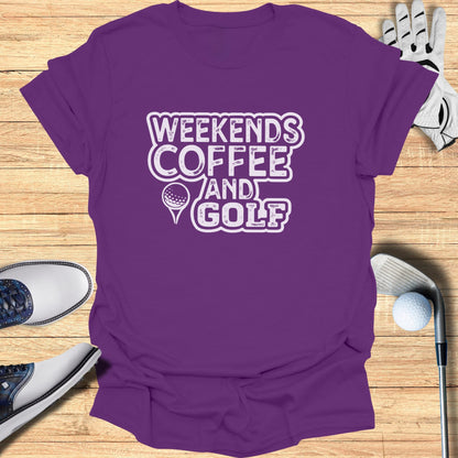 Purple t-shirt with "Weekends Coffee and Golf" text and golf accessories.