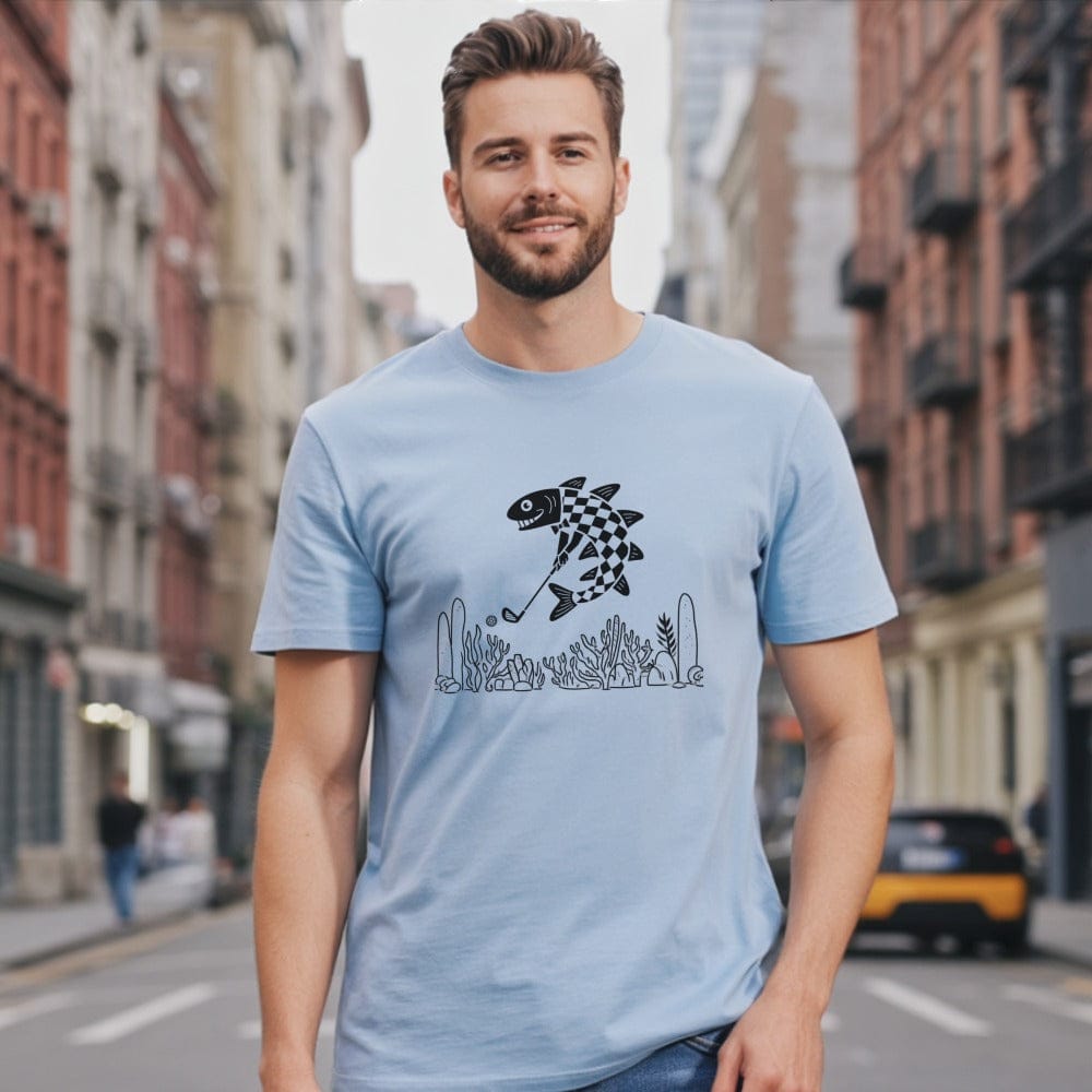 Blue T-Shirt with Abstract Fish Design Cute Tee