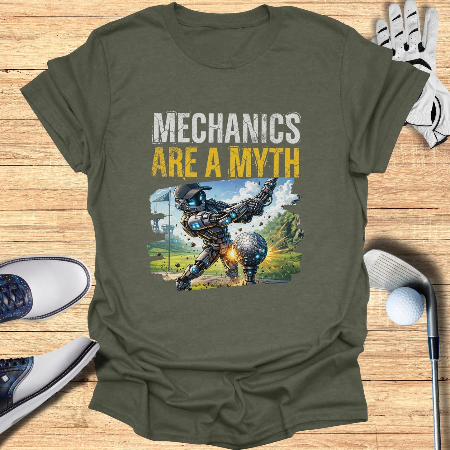 Robot swinging a golf club at a golf ball on a tee.