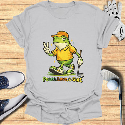 Cartoon frog in golf attire with "Peace, Love, & Golf" text.