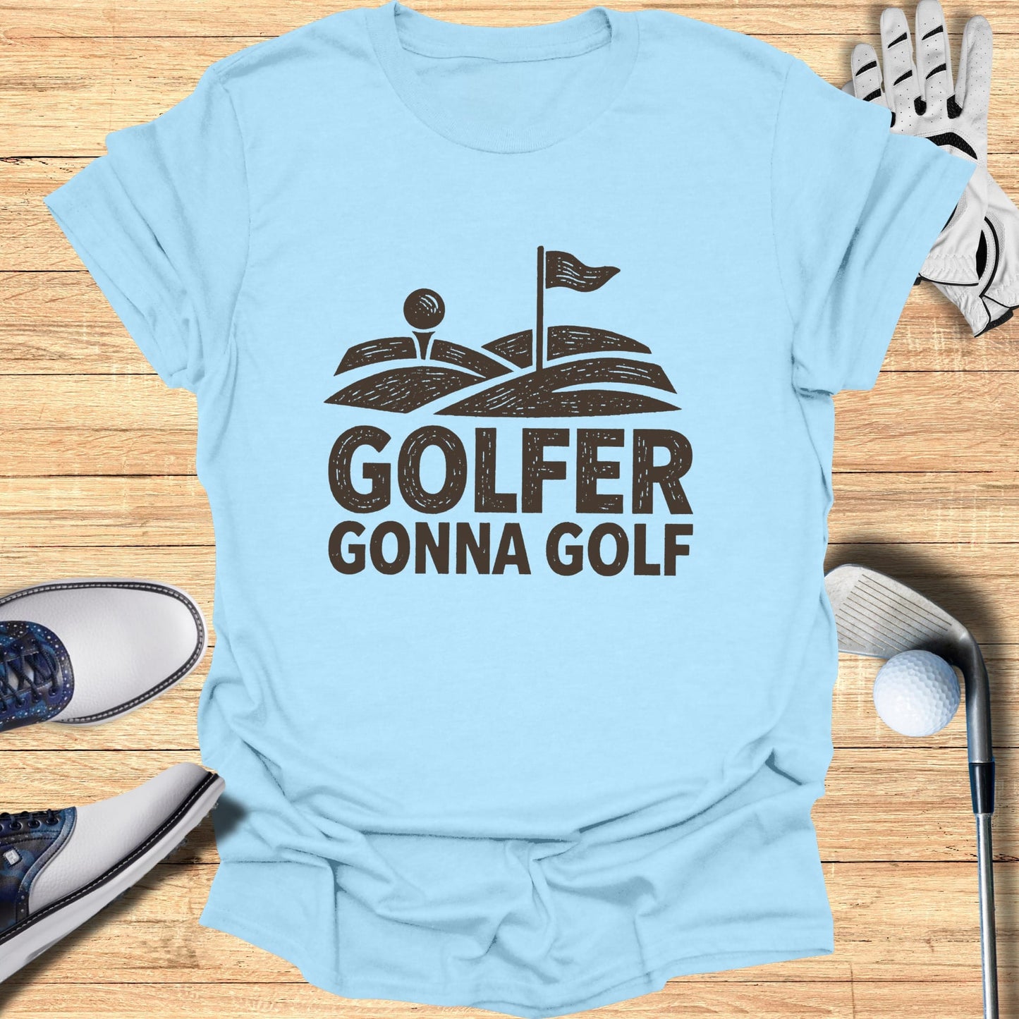 Light blue t-shirt with "GOLFER GONNA GOLF" text and golf course graphic.