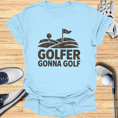 Light blue t-shirt with "GOLFER GONNA GOLF" text and golf course graphic.