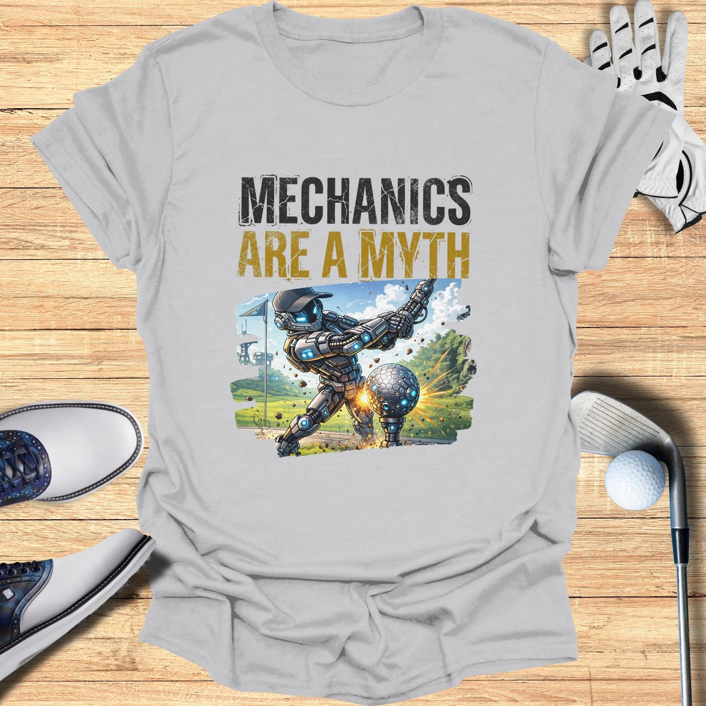 Robot golfer swings at ball with text "Mechanics Are A Myth."