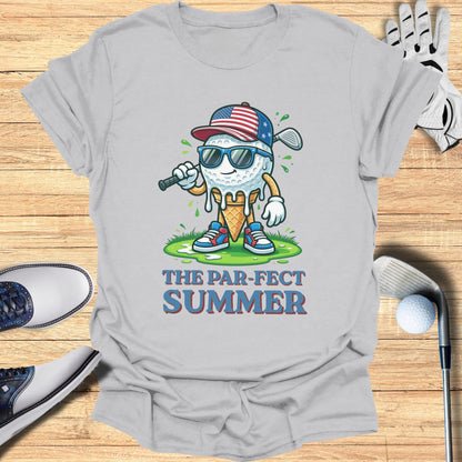 Golf ball character with sunglasses and ice cream cone on American flag hat.