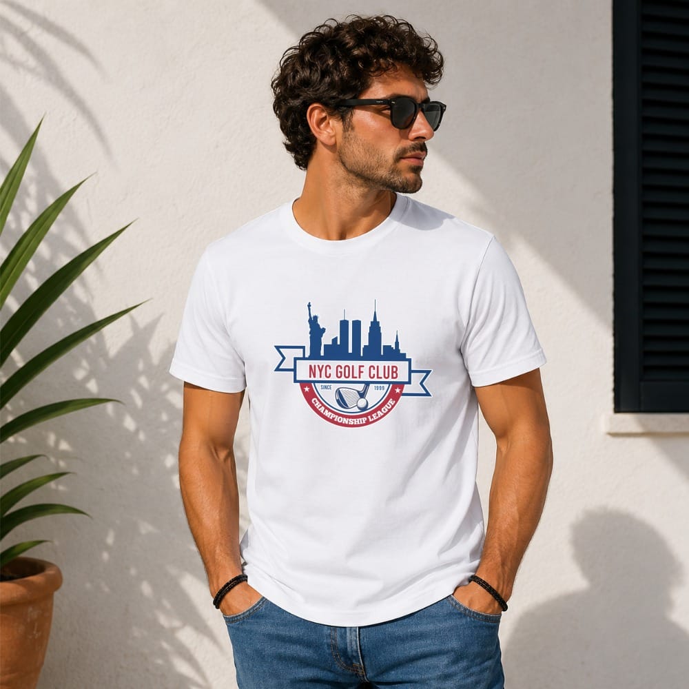 White t-shirt with NYC Golf Club Championship League logo.