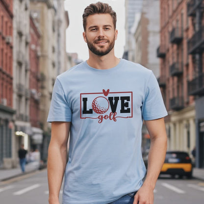 Man wearing light blue t-shirt with "Love golf" and golf ball graphic.