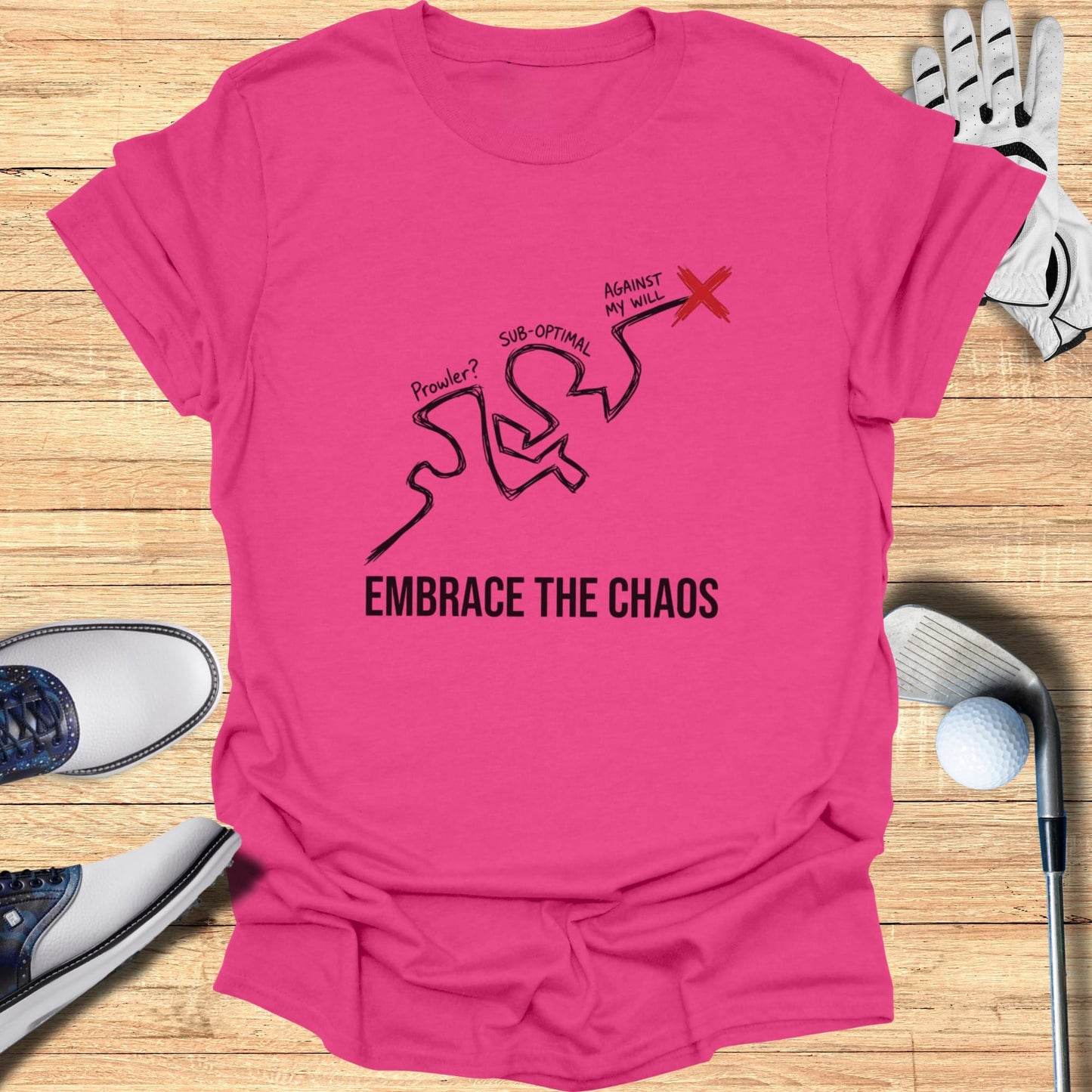 Pink t-shirt with "EMBRACE THE CHAOS" and a cartoon figure.