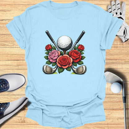 Golf Clubs and Roses Design on Light Blue T-Shirt