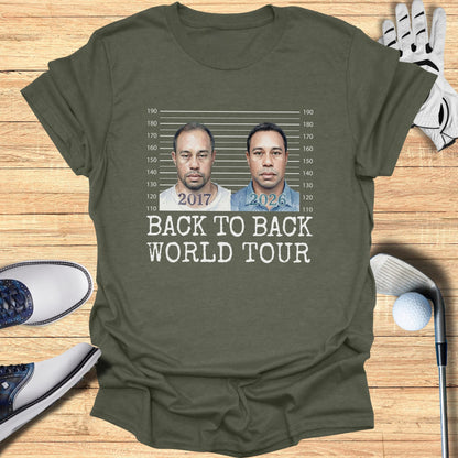 T-shirt with mugshot-style graphic showing Tiger Woods in 2017 and 2026.