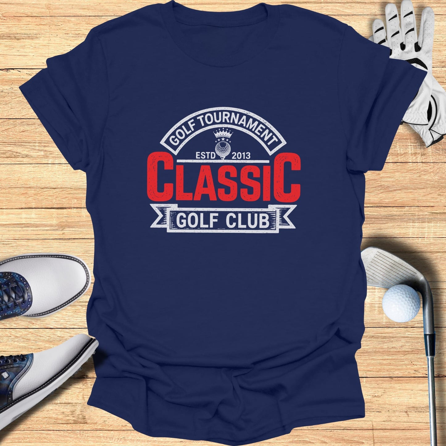 Navy t-shirt with "Golf Tournament Classic Golf Club" text and shield logo.