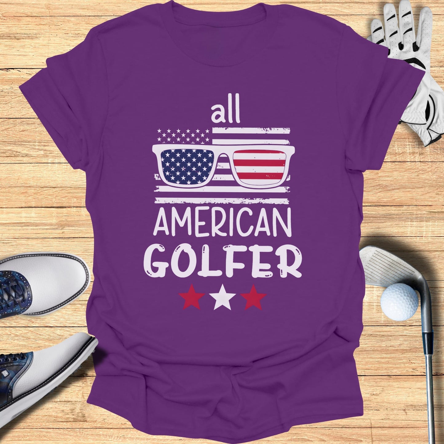 Purple t-shirt with "all AMERICAN GOLFER" text and US flag sunglasses.