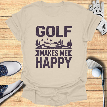 Golf makes me happy text on a t-shirt with golf accessories.