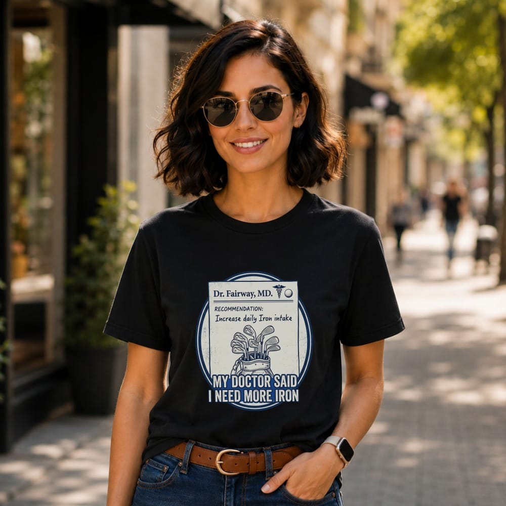 Black t-shirt with golf clubs and humorous "Increase daily Iron intake" text.