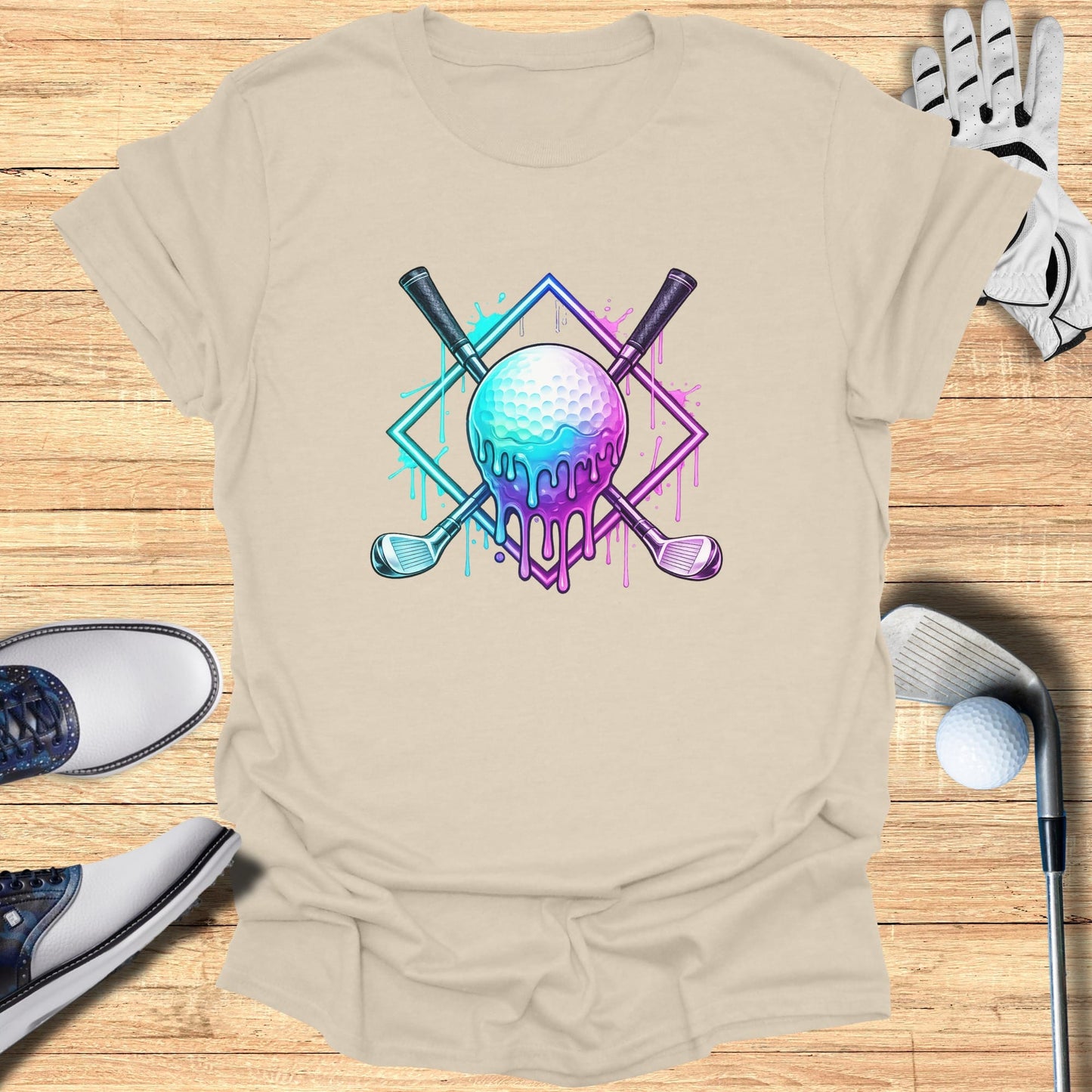 Golf ball and clubs with dripping paint effect on diamond background.