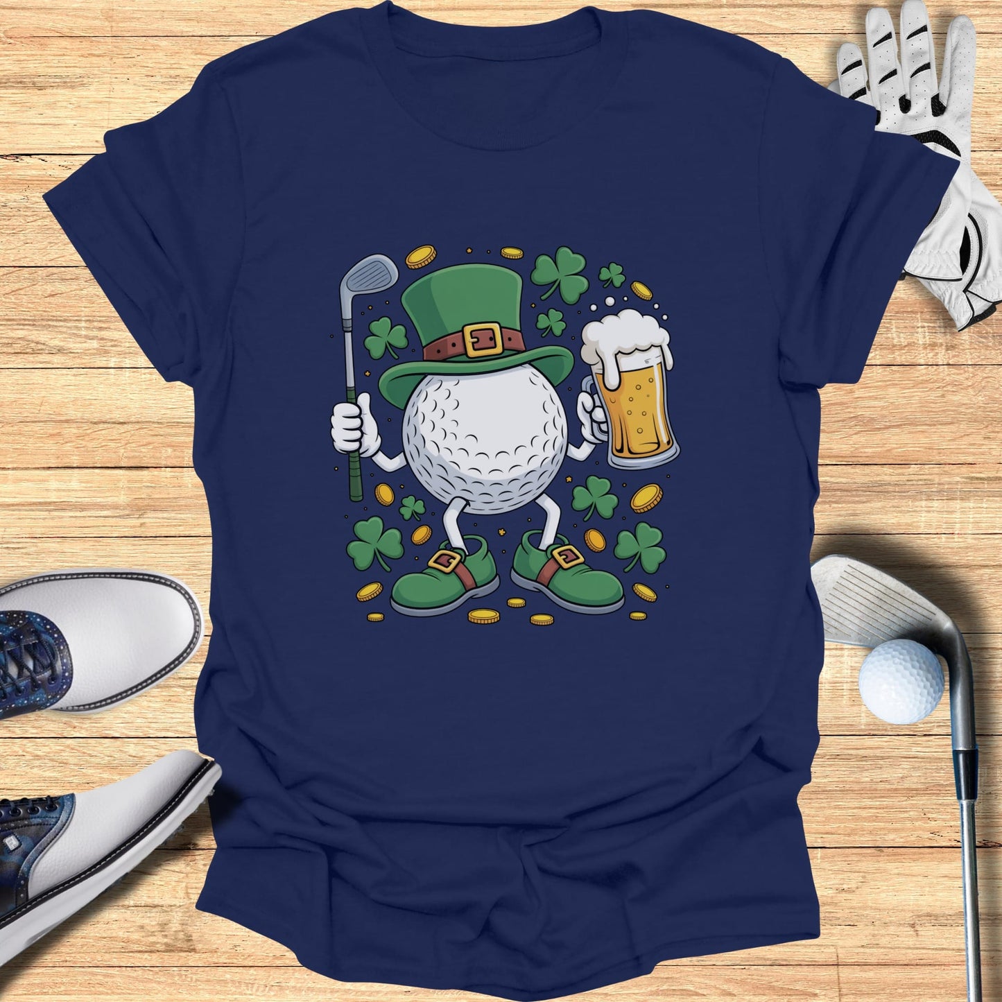 Golf ball character in a green hat and shoes holding a beer and club.