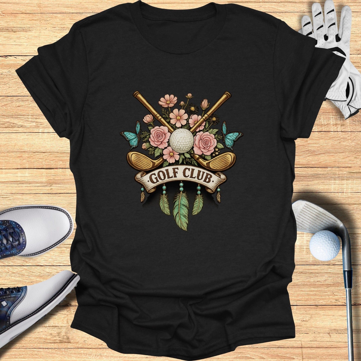 Golf Club Floral Butterfly Design T-Shirt