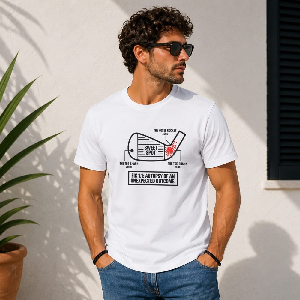 White t-shirt with diagram of golf club impact zones and "Autopsy of an Unexpected Outcome."