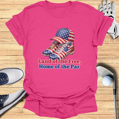 Pink t-shirt with American flag golf shoes and cap, "Land of the Free, Home of the Par".