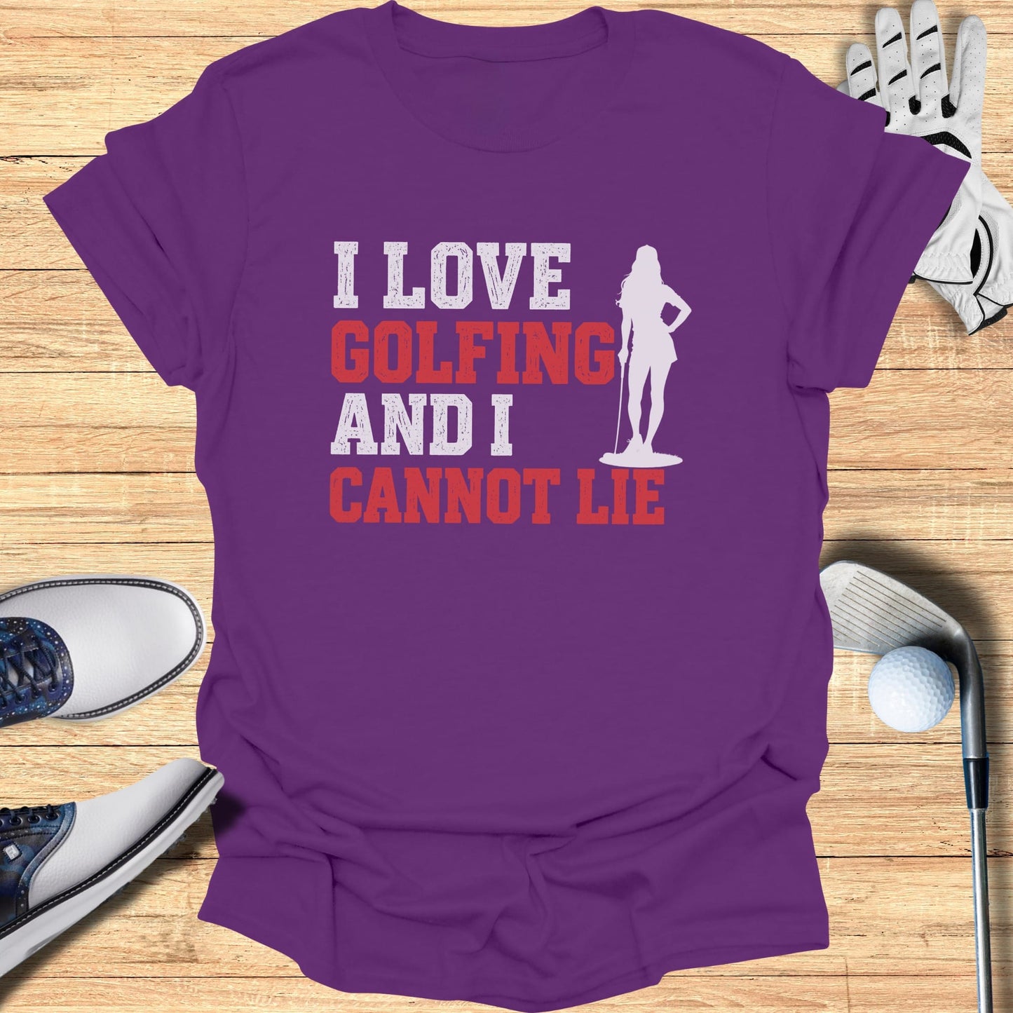 Purple t-shirt with "I love golfing and I cannot lie" text and a golfer graphic.