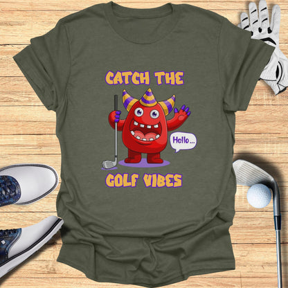 Cartoon monster in party hat saying "Hello", with "Catch the Golf Vibes" text.