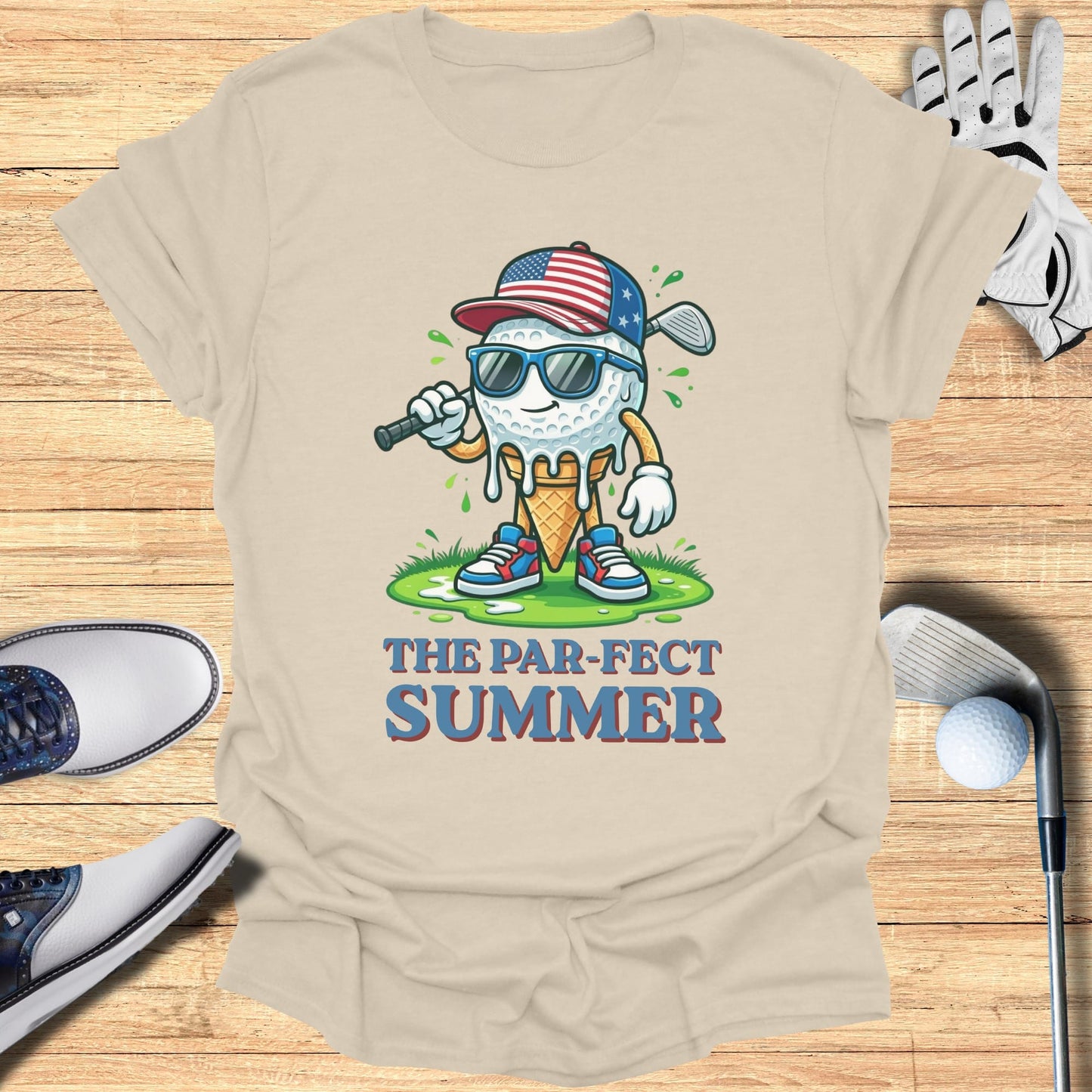 Golf ball ice cream cone wearing sunglasses and an American flag hat, with text "THE PAR-FECT SUMMER".