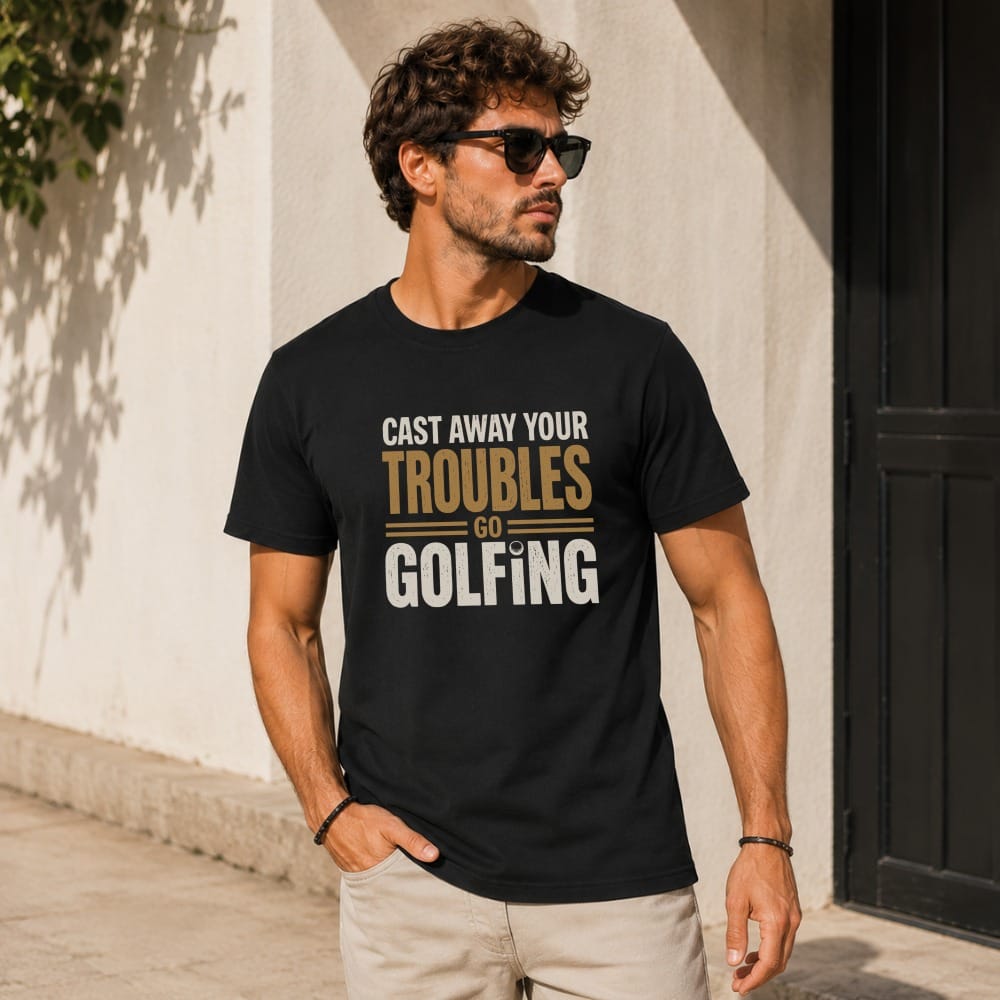 Man wearing black t-shirt with "Cast Away Your Troubles Go Golfing" text.