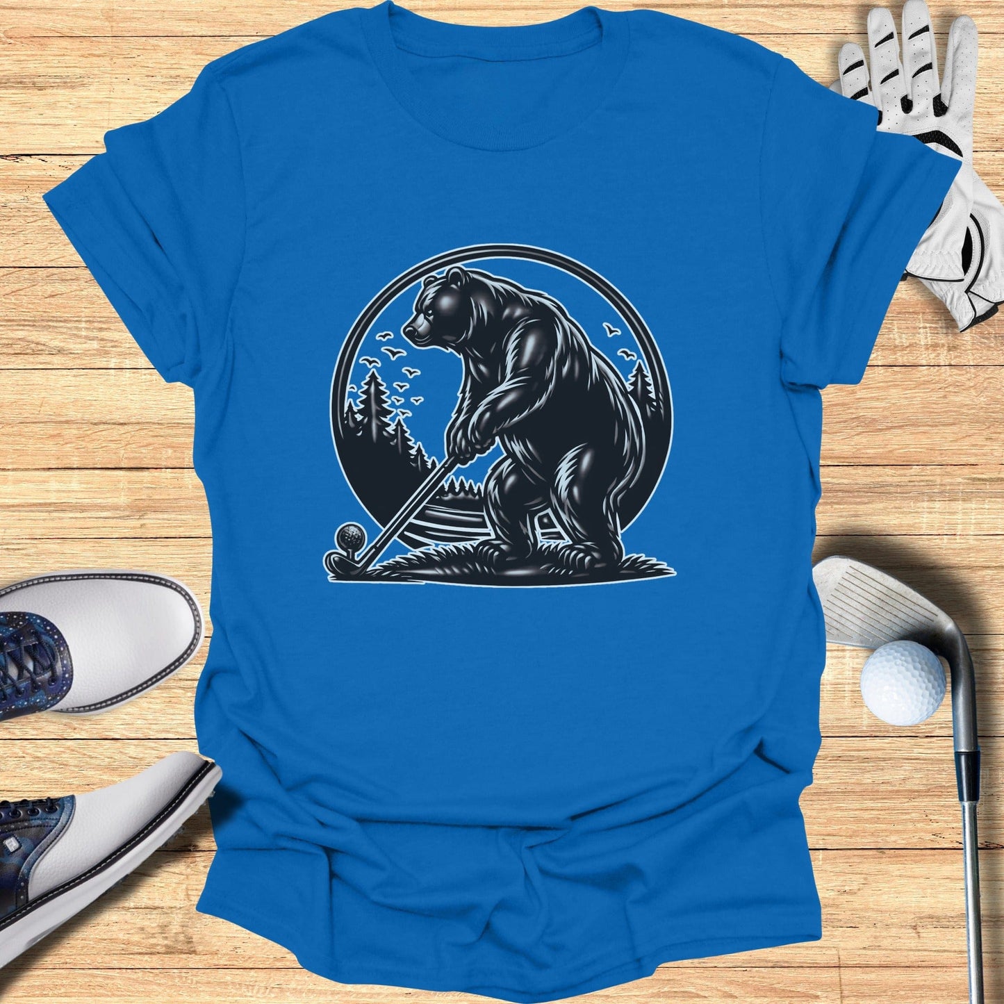 Bear Golfing Graphic Illustration on Blue T-Shirt