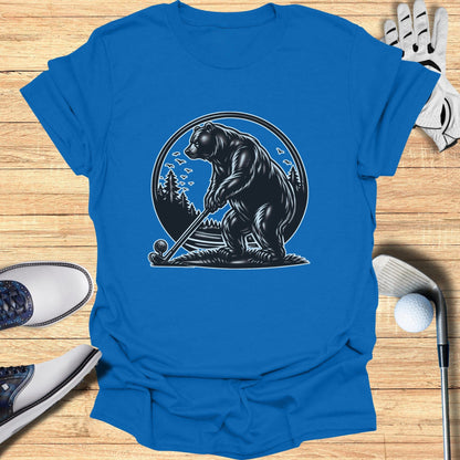Bear Golfing Graphic Illustration on Blue T-Shirt