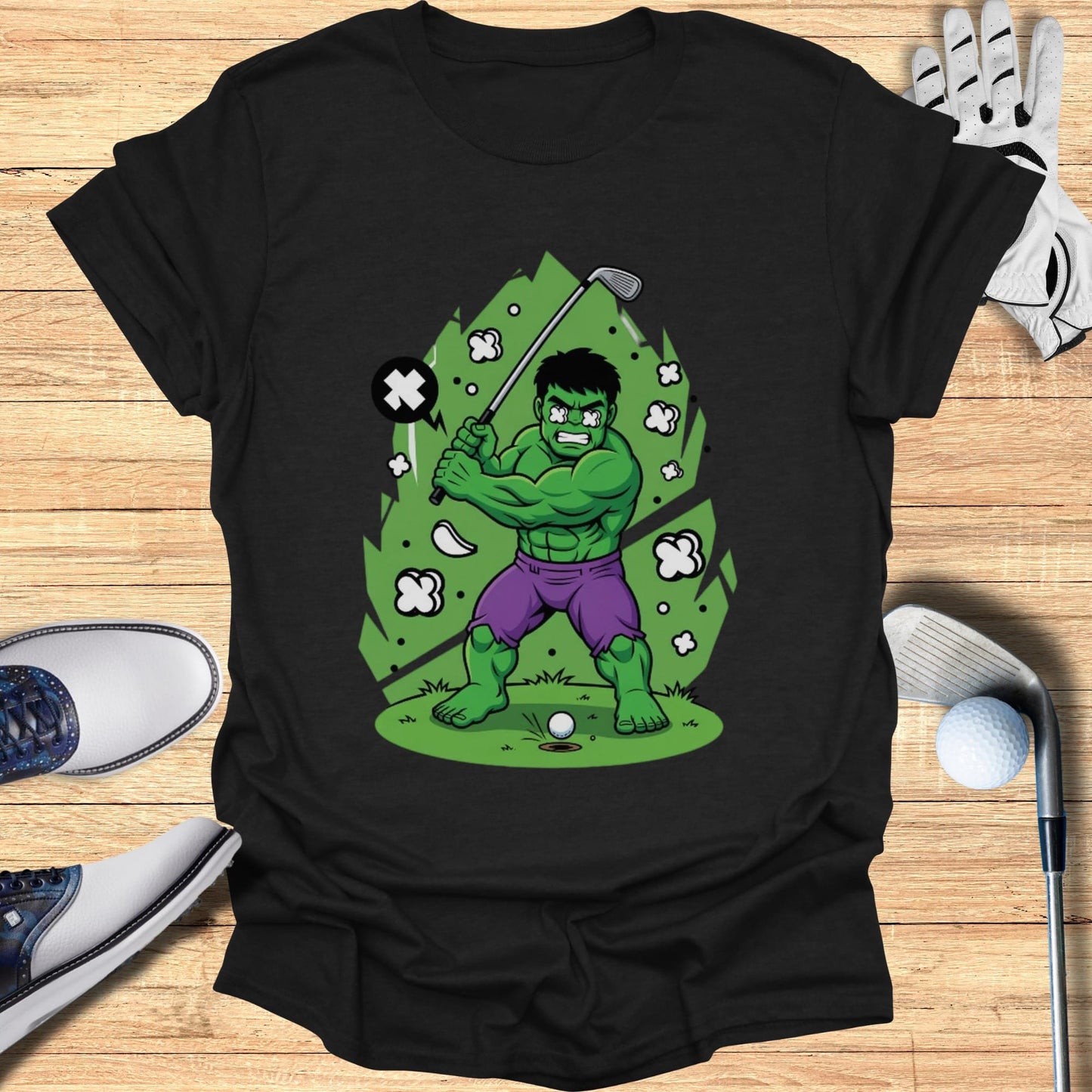 Hulk swinging a golf club, cartoon style, on a wooden background.