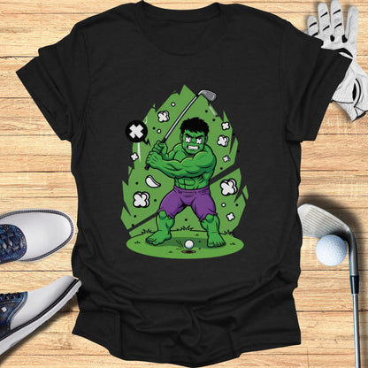 Hulk swinging a golf club, cartoon style, on a wooden background.