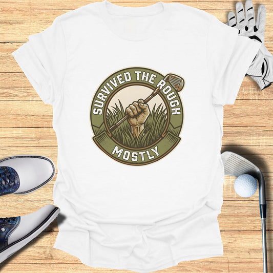 T-shirt with "SURVIVED THE ROUGH MOSTLY" golf graphic and golf accessories.