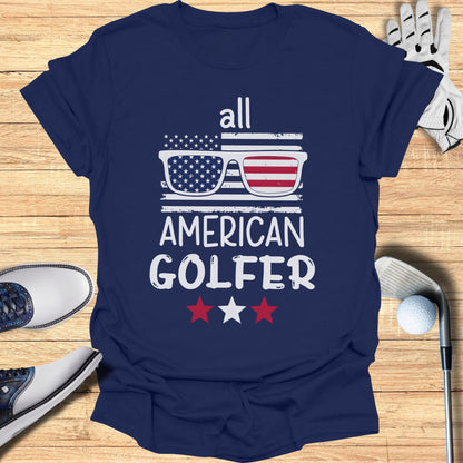 Navy t-shirt with "all AMERICAN GOLFER" and American flag sunglasses design.