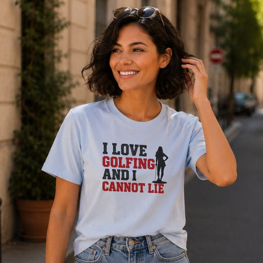 Light blue t-shirt with "I love golfing and I cannot lie" text and graphic.