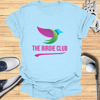 Light blue t-shirt with "The Birdie Club" logo and a pink swoosh.
