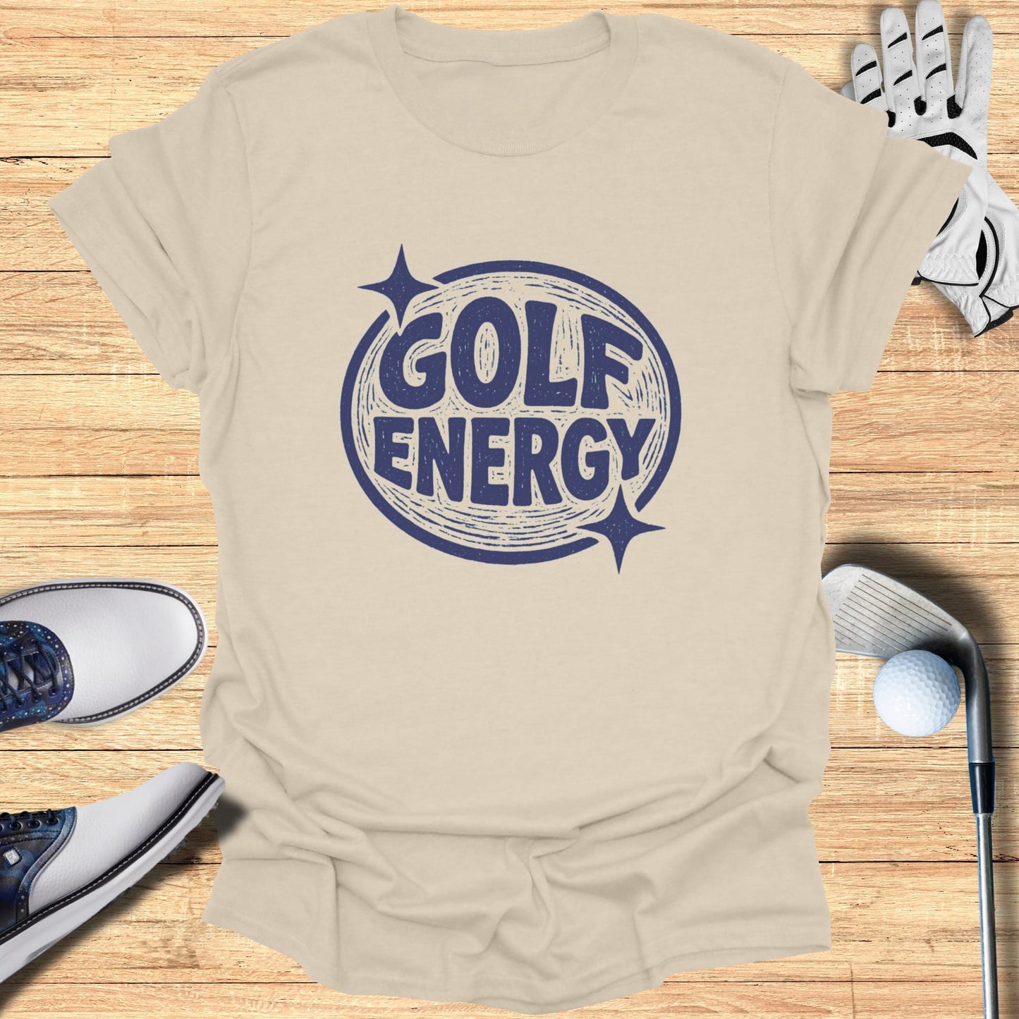 Cream t-shirt with "GOLF ENERGY" in a circular graphic.