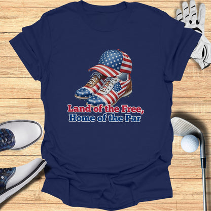 Navy t-shirt with American flag golf shoes and hat, "Land of the Free, Home of the Par."