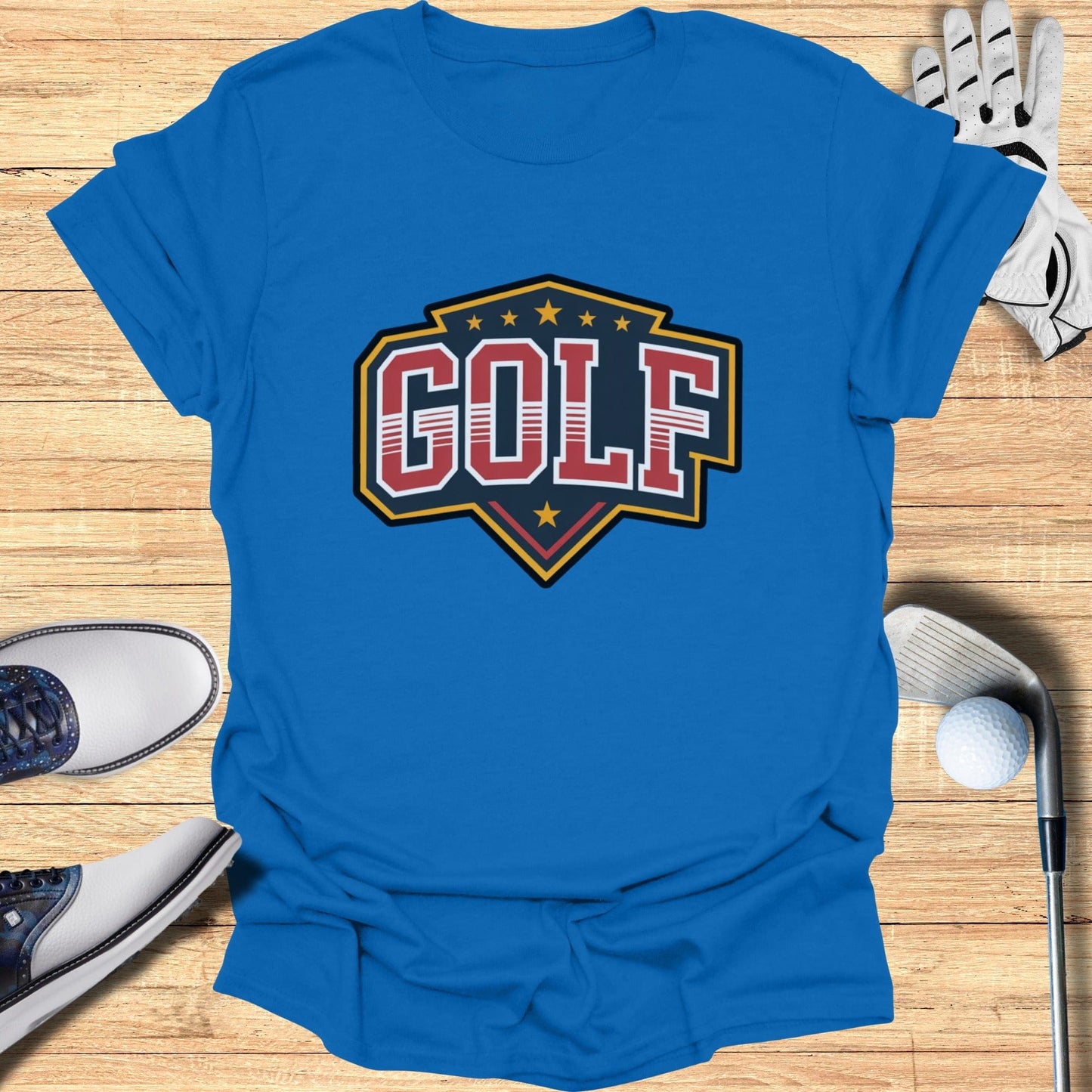 Blue T-Shirt with Bold Golf Shield Design Shirt
