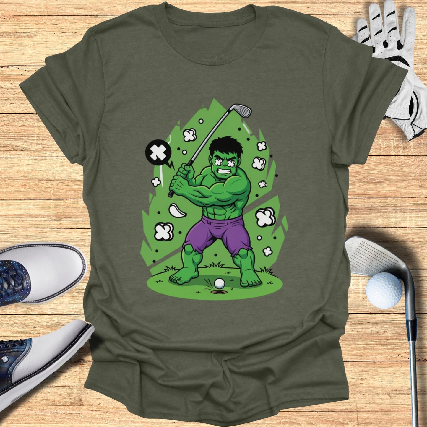 Green Hulk swings a golf club at a white golf ball, cartoon illustration.