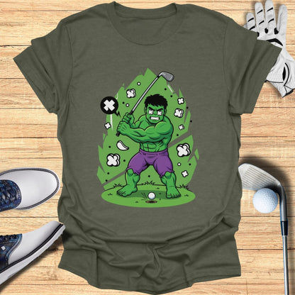 Green Hulk swings a golf club at a white golf ball, cartoon illustration.