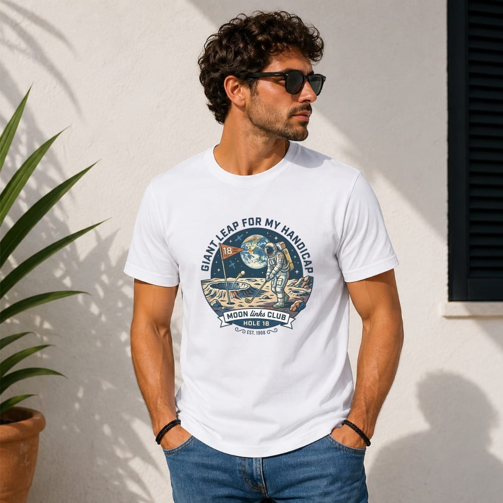 White t-shirt with astronaut on moon and "Moon Links Club" text.