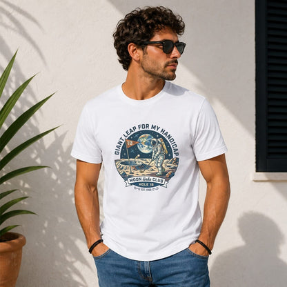 White t-shirt with astronaut on moon and "Moon Links Club" text.