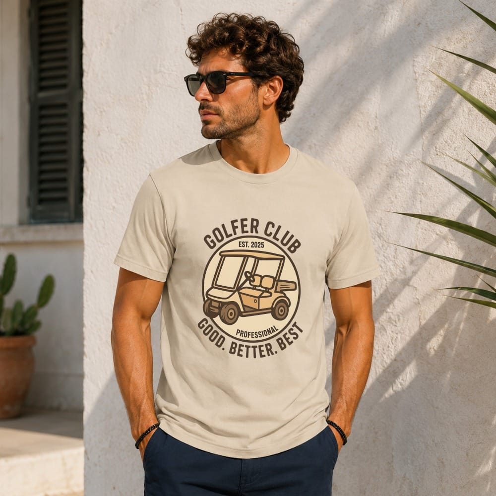Beige t-shirt with "GOLFER CLUB EST. 2025 PROFESSIONAL. GOOD. BETTER. BEST." and golf cart graphic.