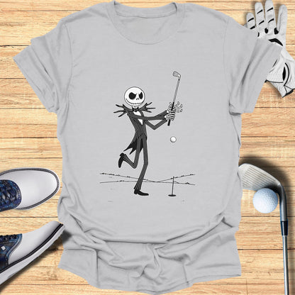 Jack Skellington swings a golf club on a t-shirt with golf accessories.