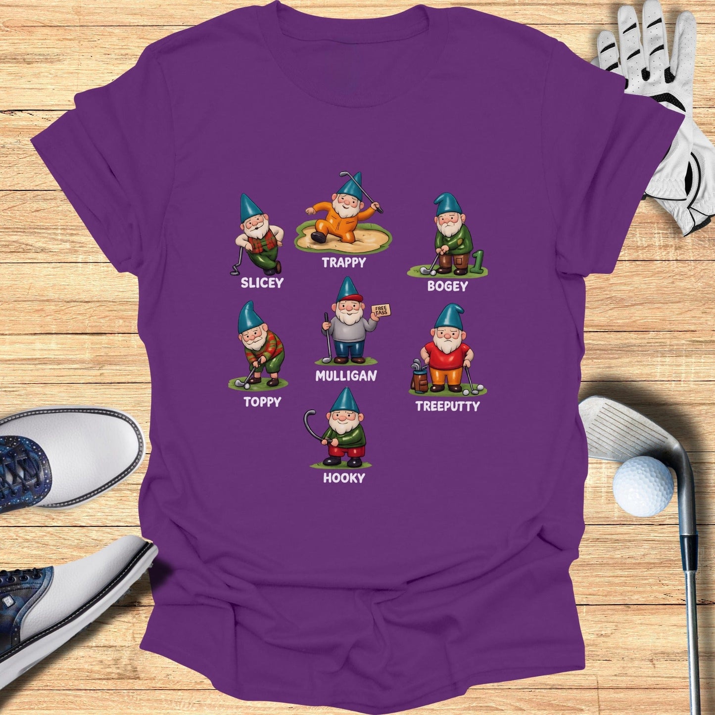 Funny Golf Gnomes Characters Purple Shirt Product