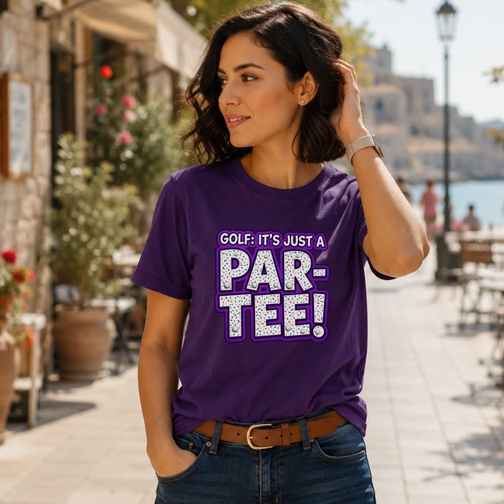 Woman in purple t-shirt with "Golf: It's Just a Par-Tee!" text.