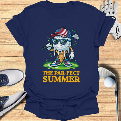 Ice cream cone character wearing sunglasses and a USA flag hat, holding a golf club, with text "THE PAR-FECT SUMMER".