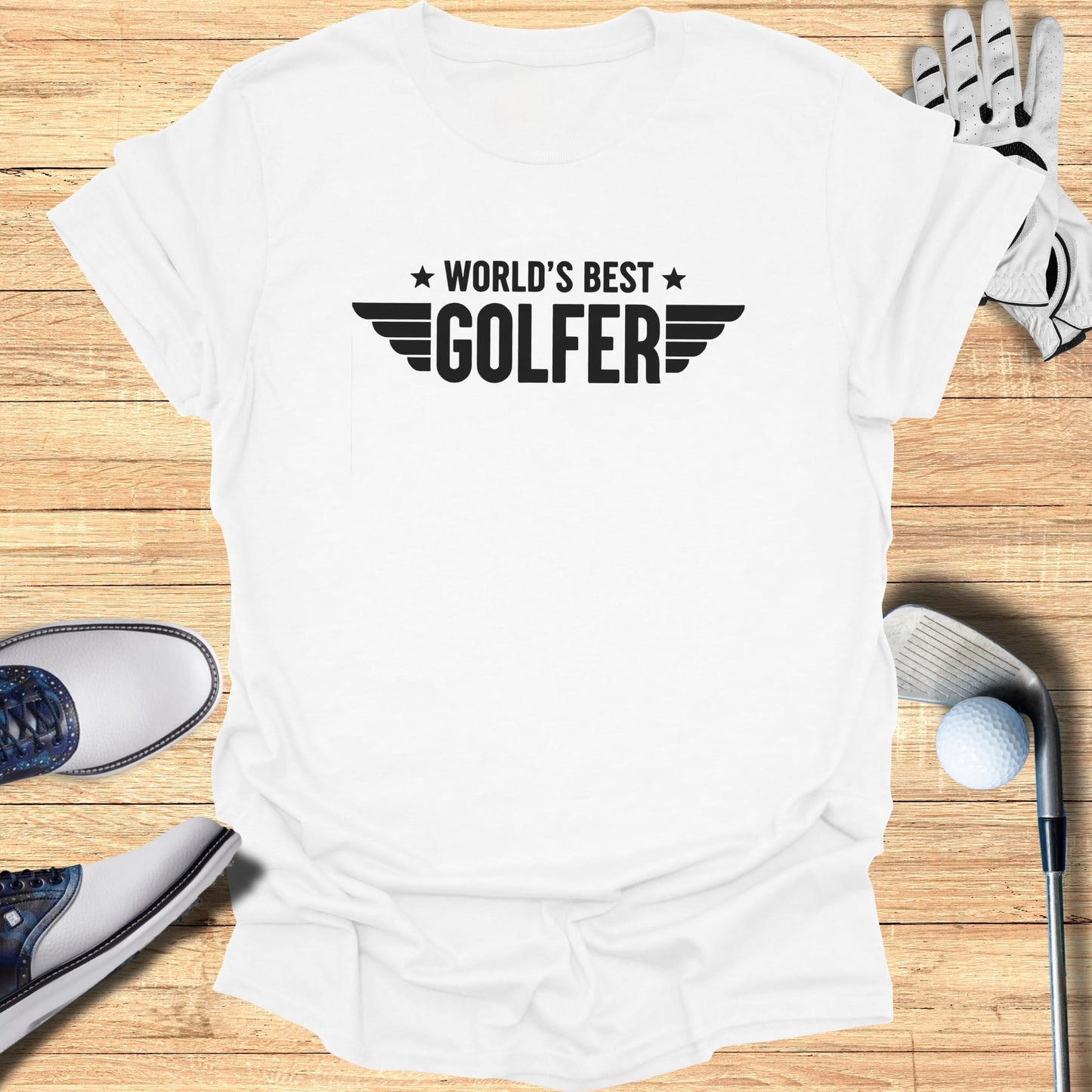 White t-shirt with "World's Best Golfer" text and golf accessories.