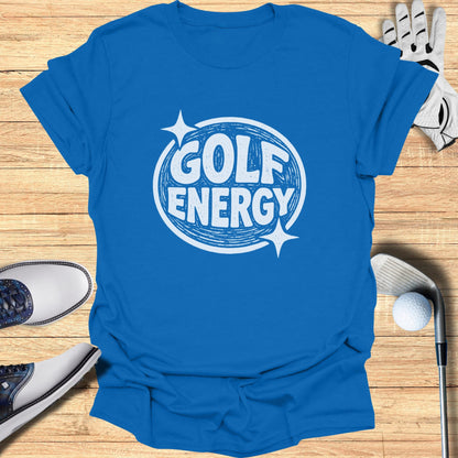 Blue t-shirt with "GOLF ENERGY" in a white circle with starbursts.