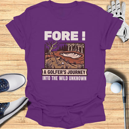 Purple t-shirt with "Fore! A Golfer's Journey Into The Wild Unknown" text and golf graphic.