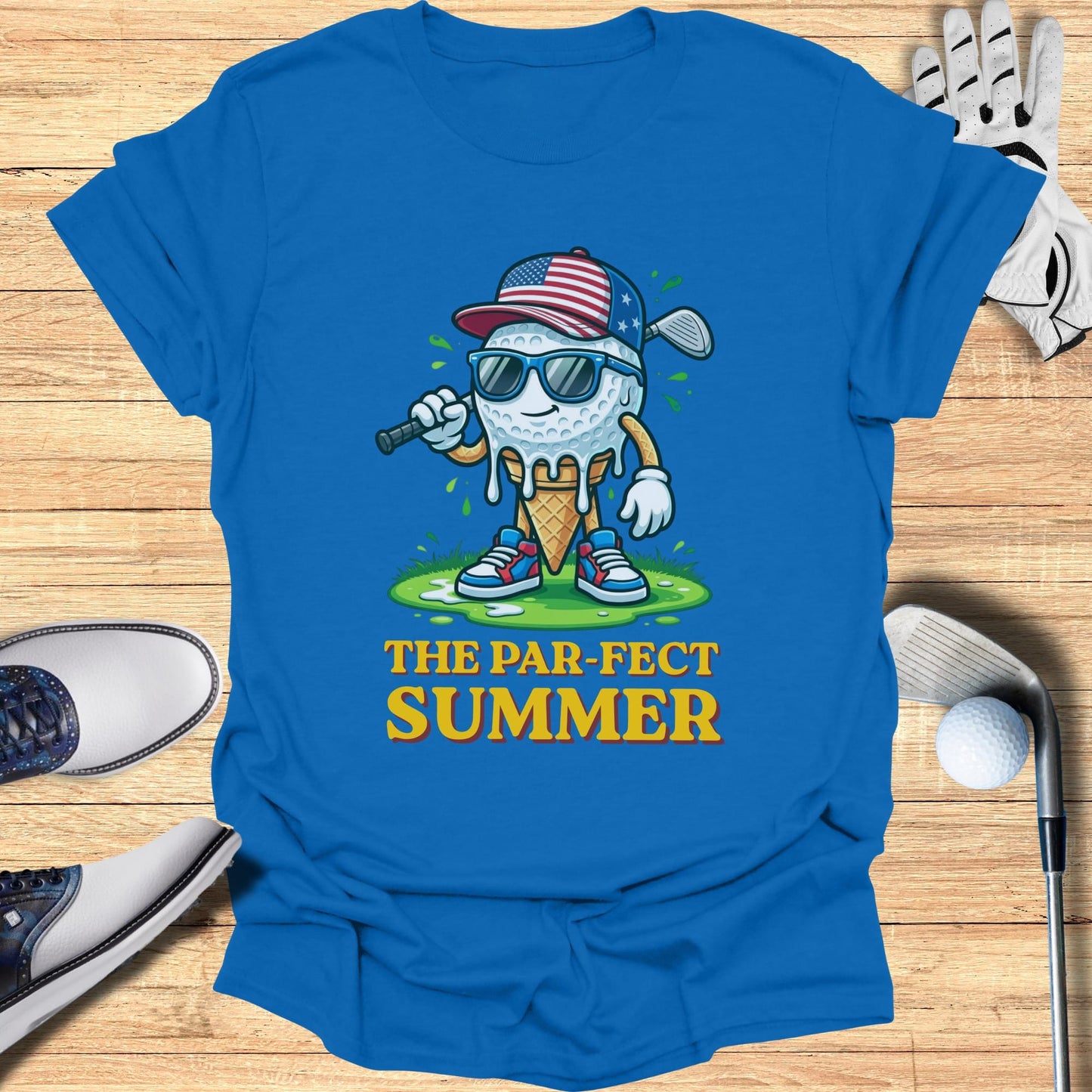 Cartoon golf ball ice cream cone wearing sunglasses and patriotic hat, with text.